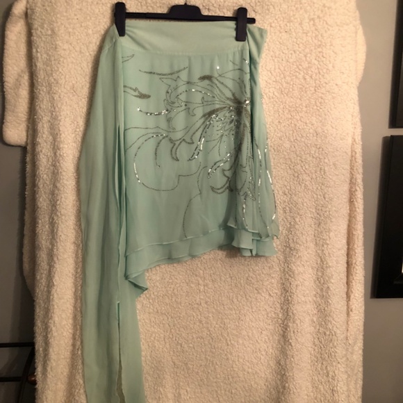 100% Silk Teal Asymmetric Skirt - Picture 4 of 6